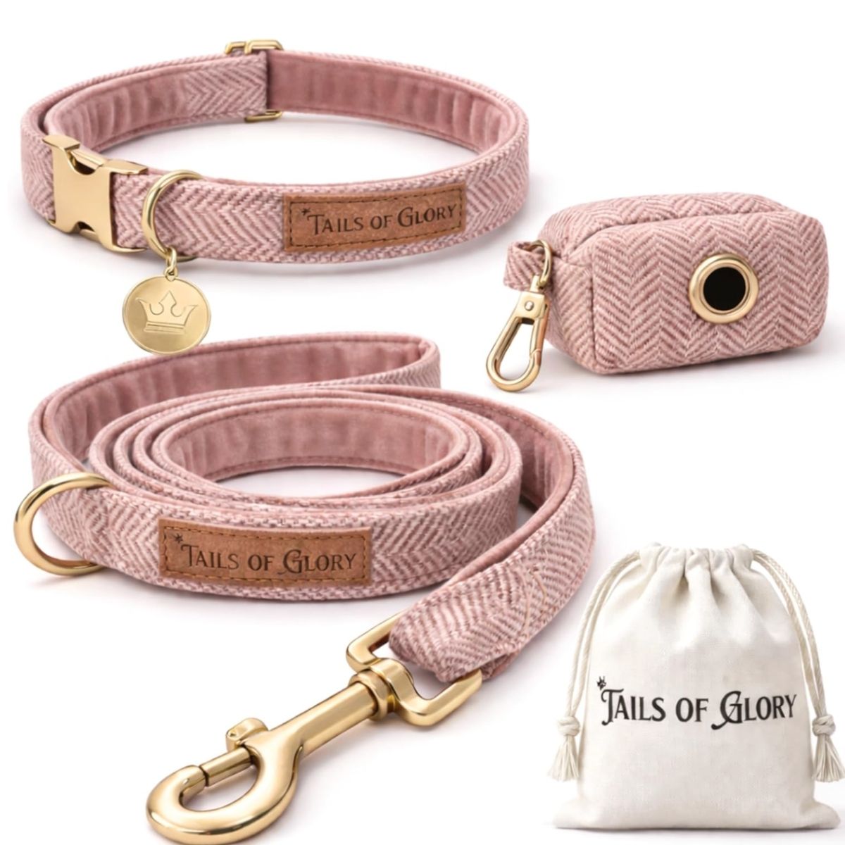 Ensemble Collier, Pochette et Laisse pour chien - Tweed Rose et Velours