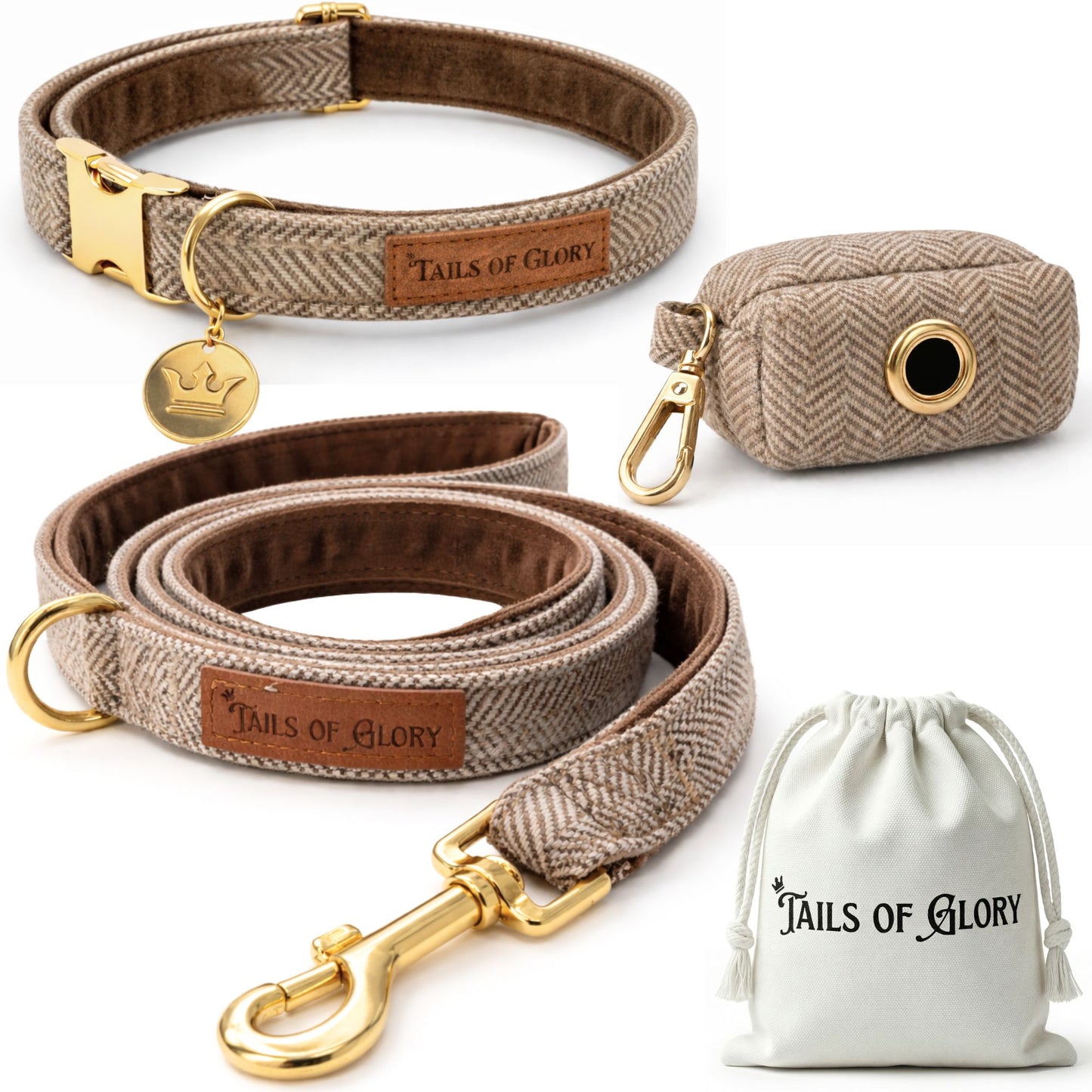 Dog Collar, Pouch and Lead Set - Brown Tweed & Velvet