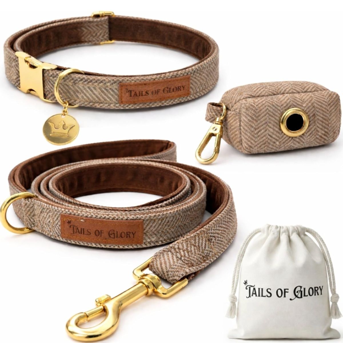Ensemble Collier, Pochette et Laisse pour Chien - Tweed Marron et Velours