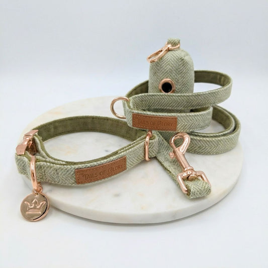 Dog Collar, Pouch and Lead Set - Green Tweed & Velvet