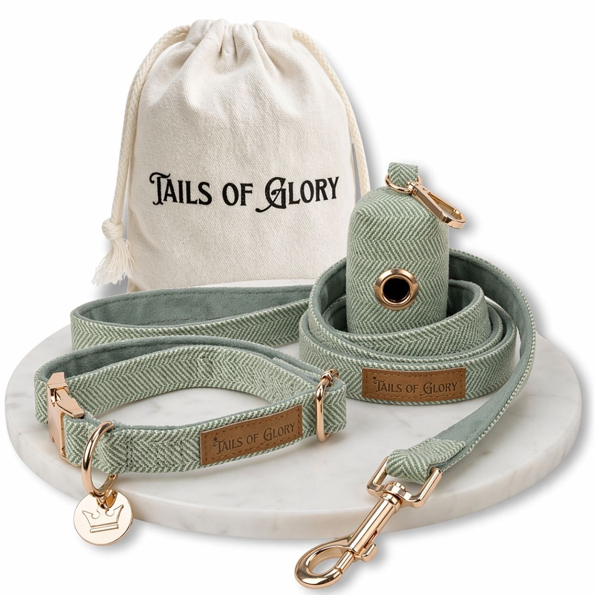 Ensemble Collier, Pochette et Laisse pour Chien - Tweed Vert et Velours