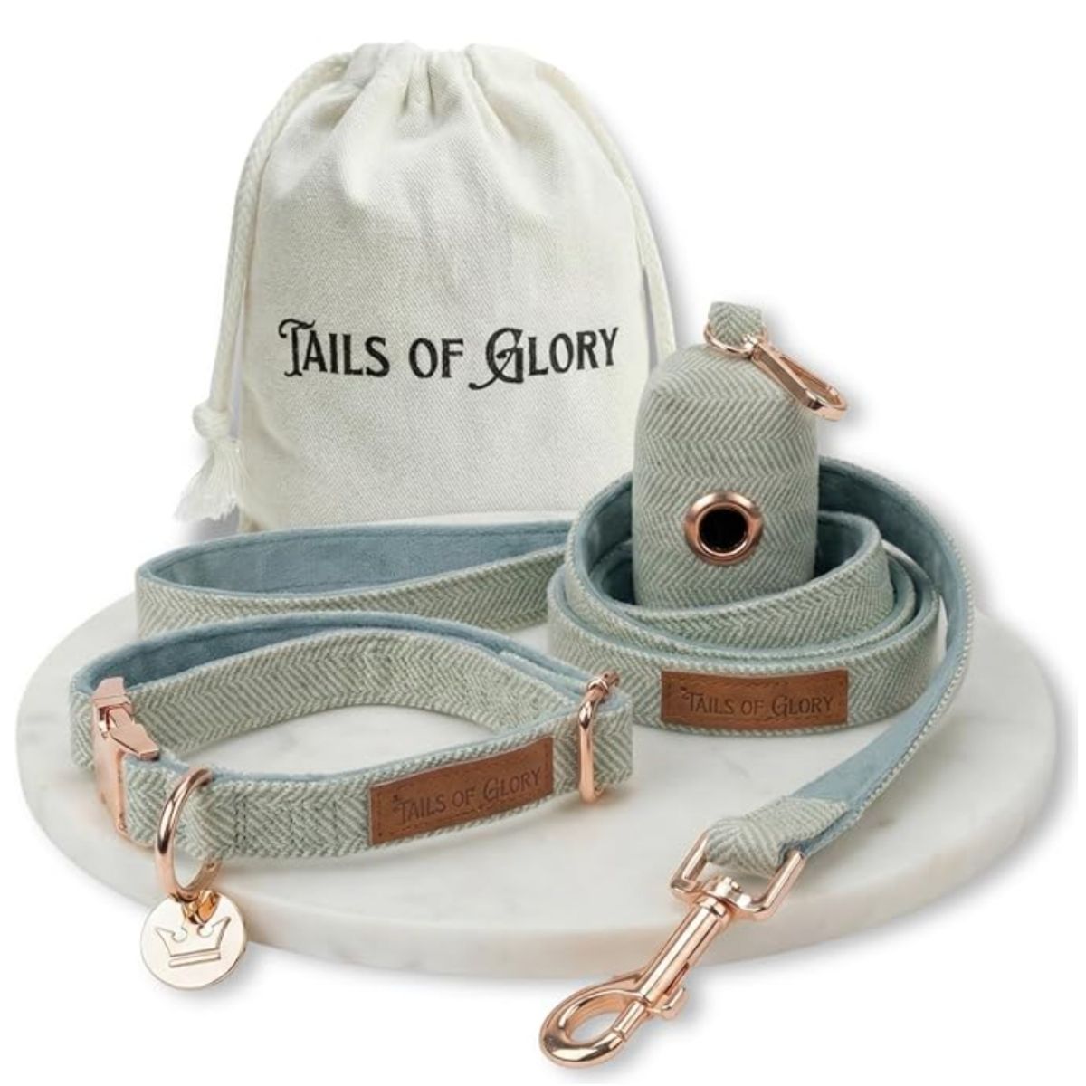 Ensemble collier, pochette et laisse pour chien - Tweed bleu et velours