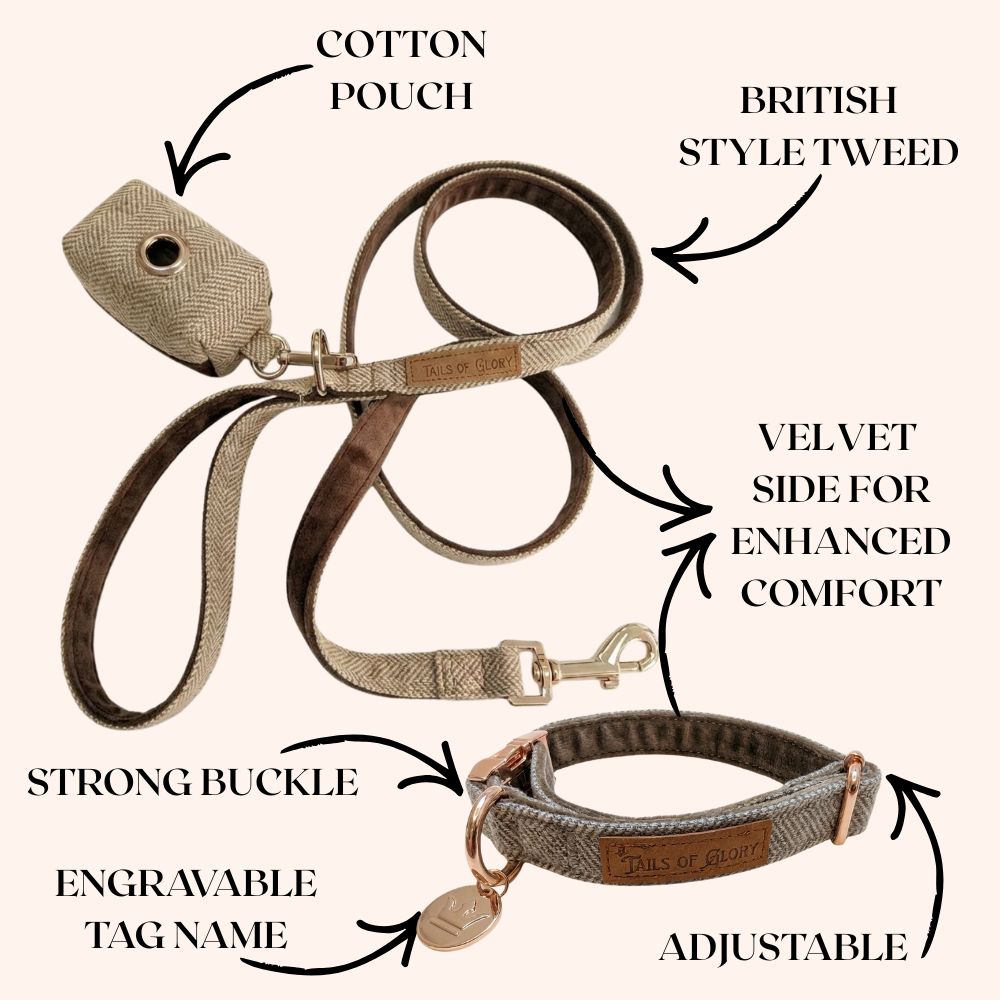 Dog Collar, Pouch and Lead Set - Brown Tweed & Velvet