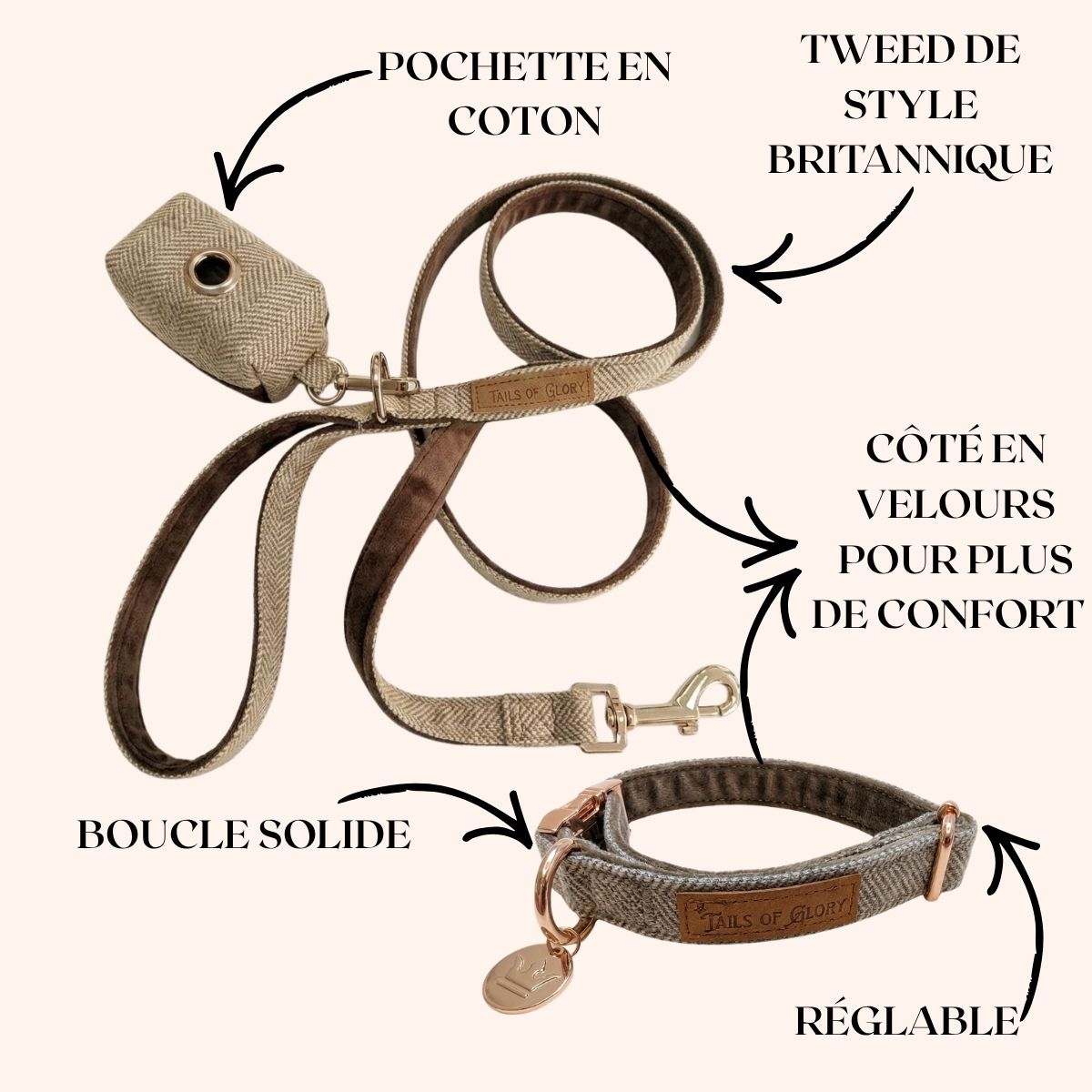 Ensemble Collier, Pochette et Laisse pour Chien - Tweed Marron et Velours