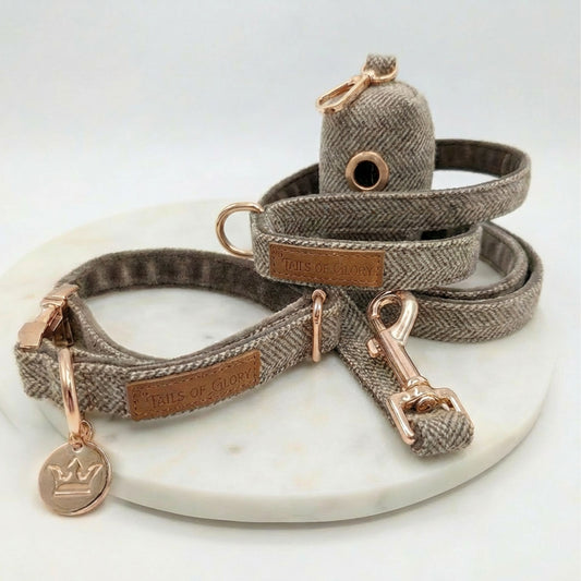 Dog Collar, Pouch and Lead Set - Brown Tweed & Velvet