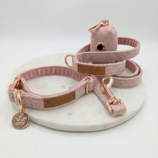 Dog Collar, Pouch and Lead Set - Pink Tweed & Velvet