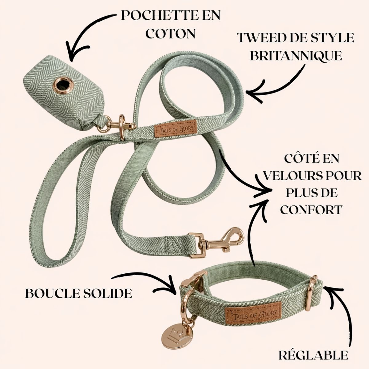 Ensemble Collier, Pochette et Laisse pour Chien - Tweed Vert et Velours