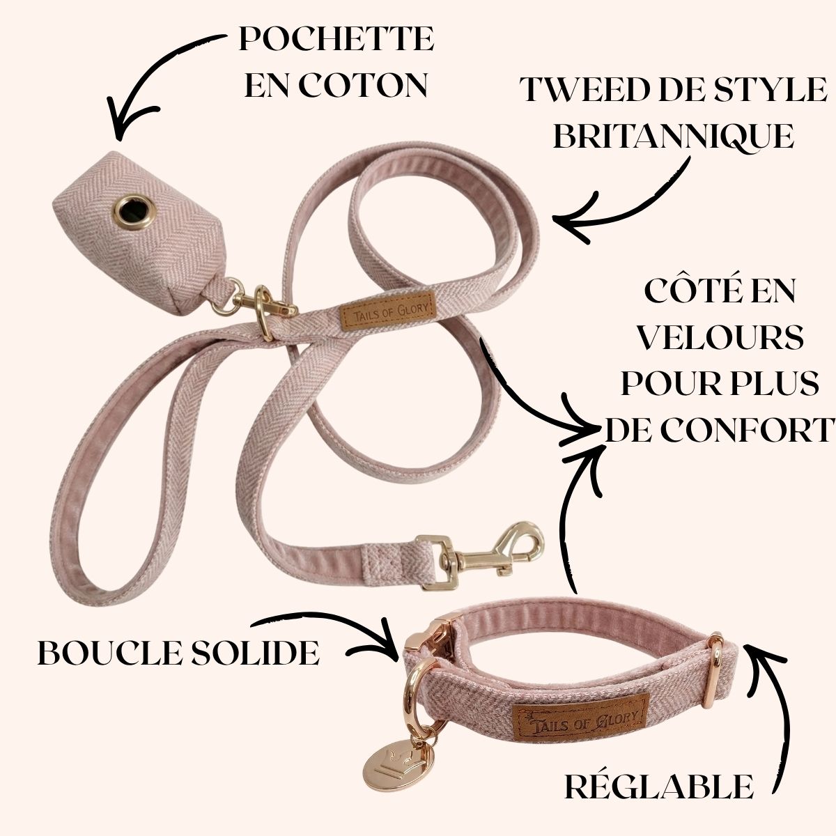 Ensemble Collier, Pochette et Laisse pour chien - Tweed Rose et Velours