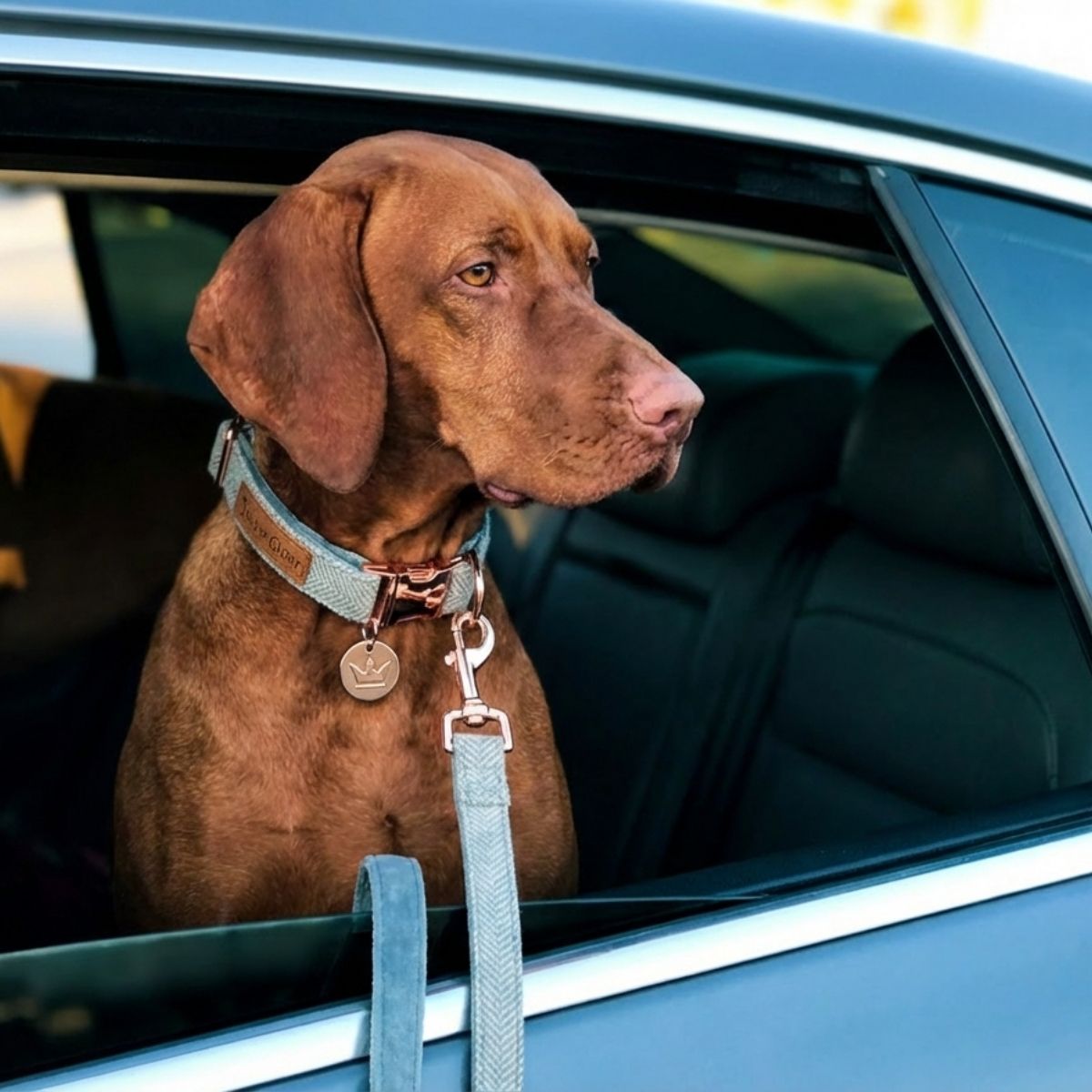 Ensemble collier, pochette et laisse pour chien - Tweed bleu et velours