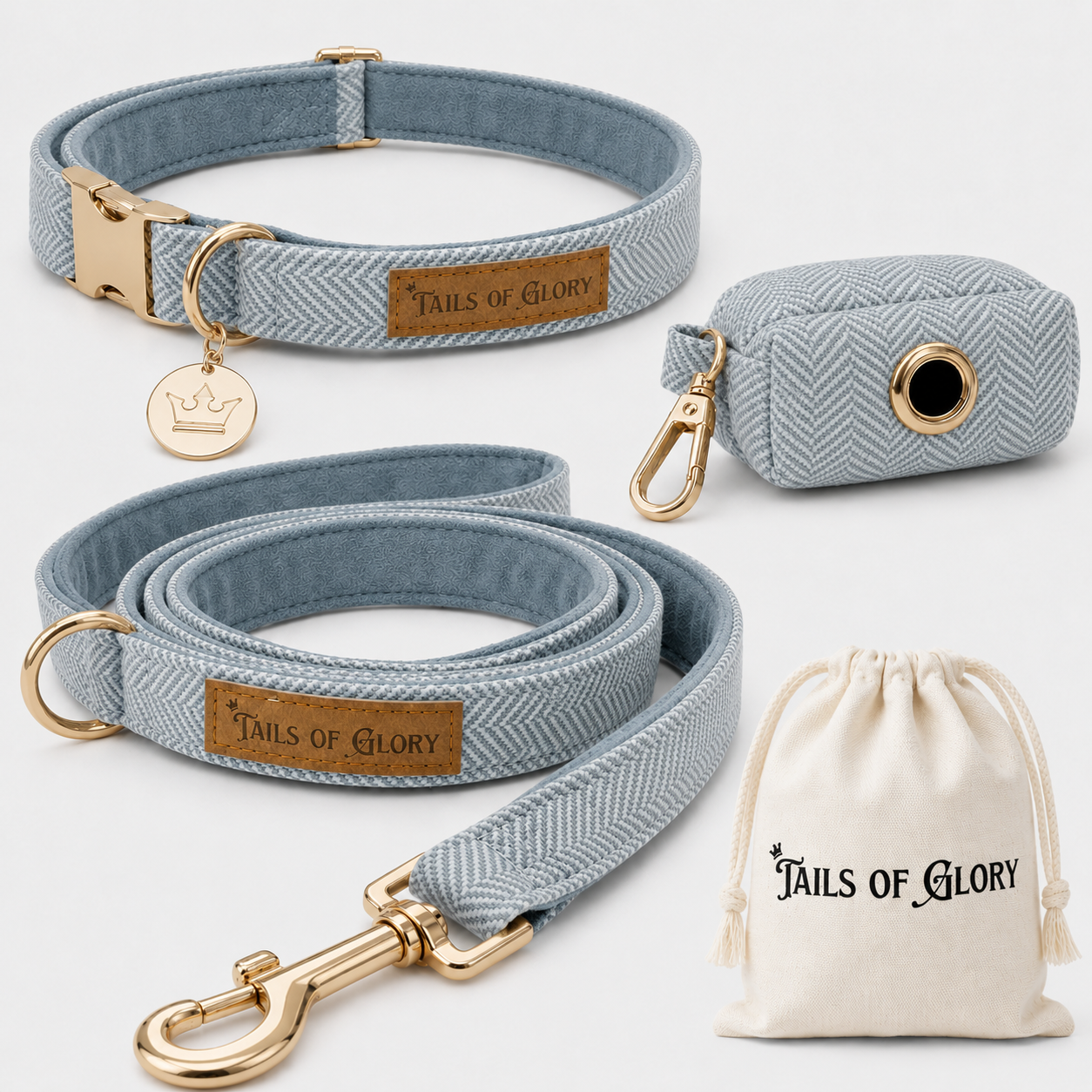 Dog Collar, Pouch and Lead Set - Blue Tweed & Velvet