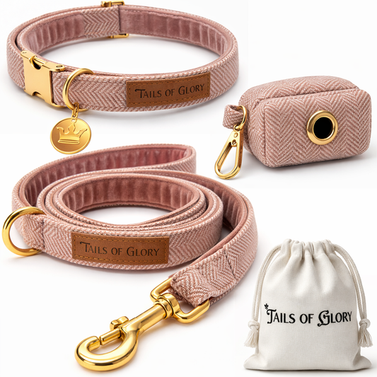 Dog Collar, Pouch and Lead Set - Pink Tweed & Velvet