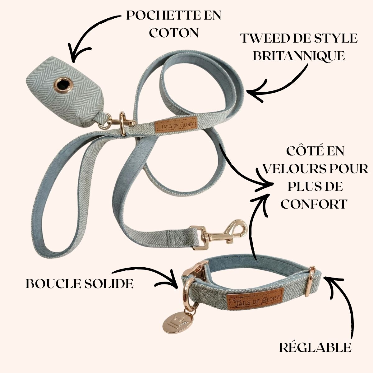 Ensemble collier, pochette et laisse pour chien - Tweed bleu et velours