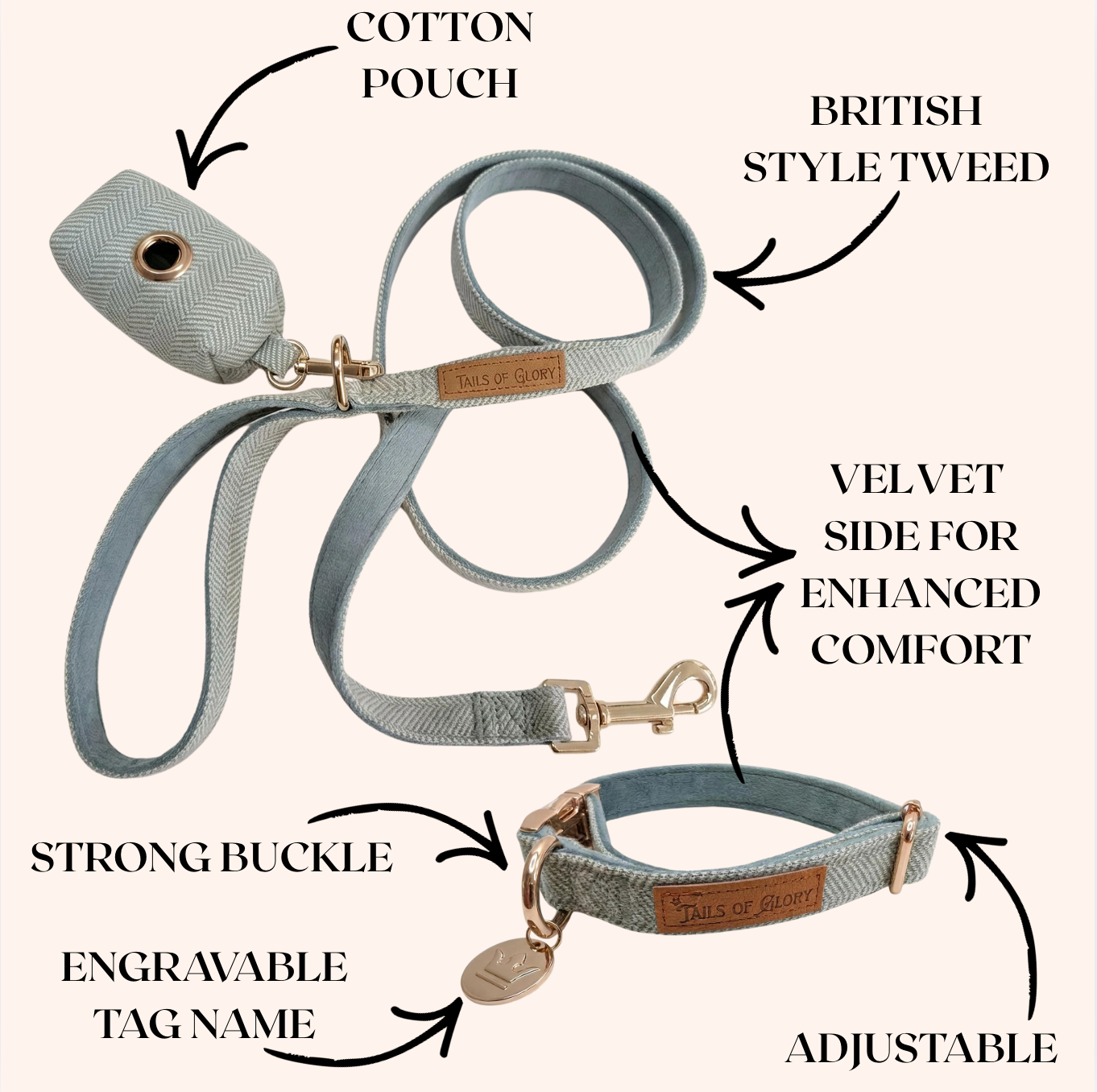 Dog Collar, Pouch and Lead Set - Blue Tweed & Velvet