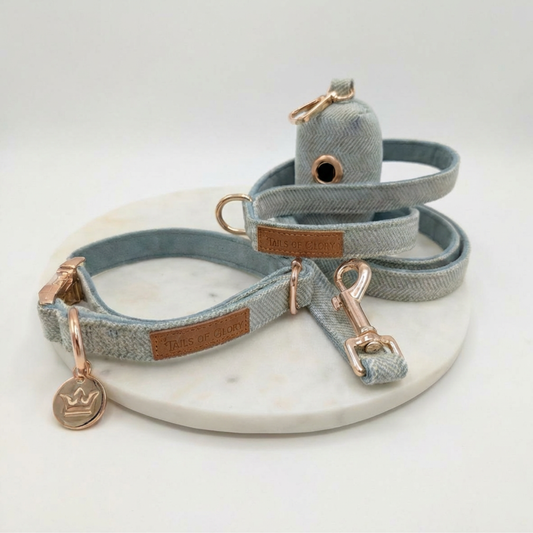 Dog Collar, Pouch and Lead Set - Blue Tweed & Velvet